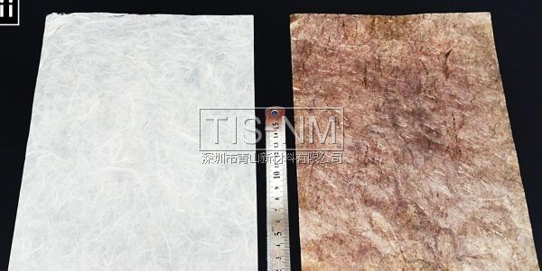 左邊為一般紙張，右邊為嵌入金屬納米粒子的導電紙