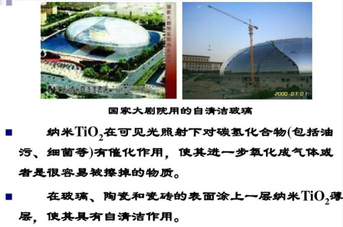 玻璃、陶瓷和瓷磚的表面涂上一層納米TiO2薄層，使其具有自清潔作用